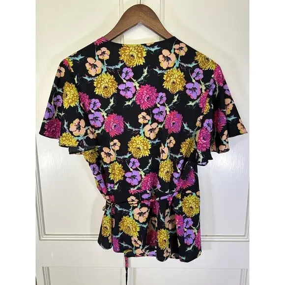 Topshop Floral Wrap Blouse Womens Size 10 Black Yellow Preppy Classic NWT - Picture 6 of 12